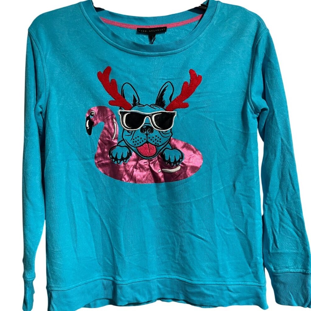 Jane + Delancey Womens Blue Long Sleeve Sweatshirt Fun Dog Flamingo Size Small